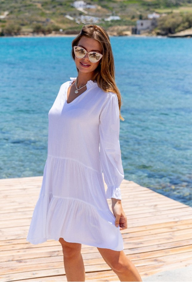 white smock style holiday dress by lindsey brown resort wear 