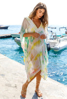 White yellow silk designer kaftan by Lindsey Brown resort wear