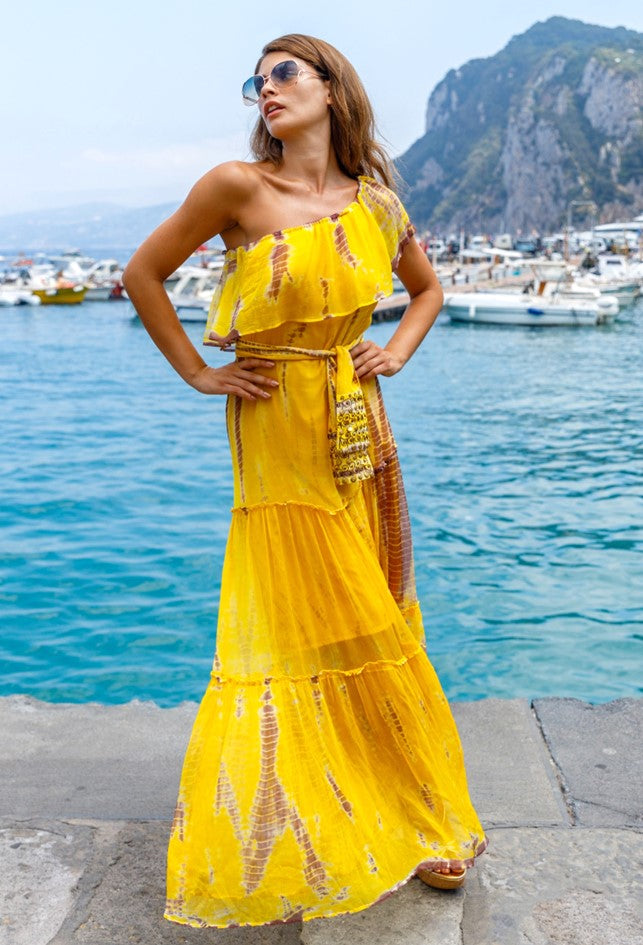 yellow silk designer resort wear dress to wear on a luxury holiday by lindsey brown 